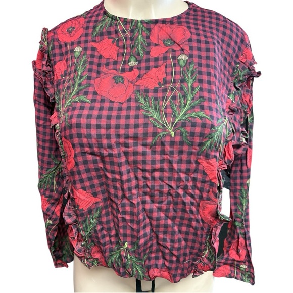 NWT Zara Red and Black Ruffled Graphic Blouse - Picture 2 of 6